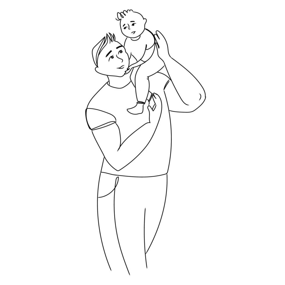 Happy young father holds his son piggyback ride on his shoulders Line Art Minimal Vector illustration.Black and white sketch Dad with little son cute illustration.Father's day concept.Happy parenthood