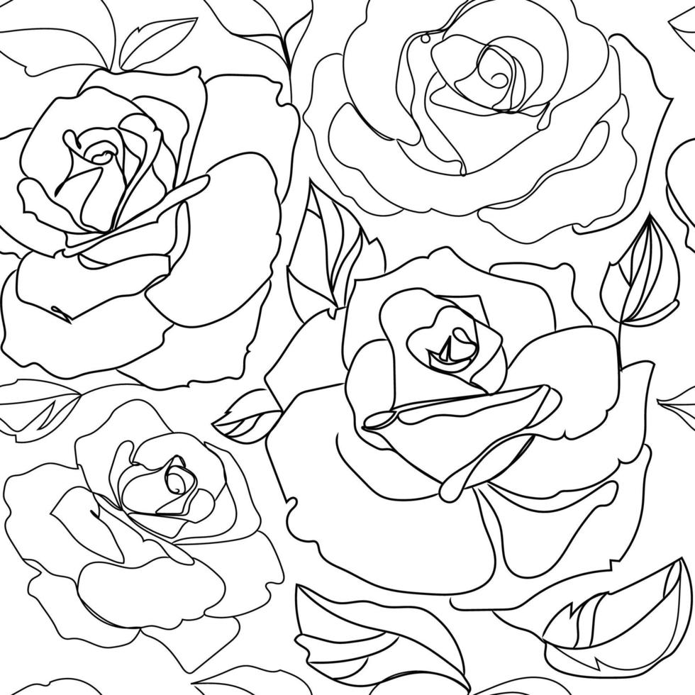 Seamless floral pattern with flowers Roses Line Art vector illustration.Outline rose buds seamless texture. Template design for textiles, interior, clothes, wallpaper.Beautiful flowers black and white