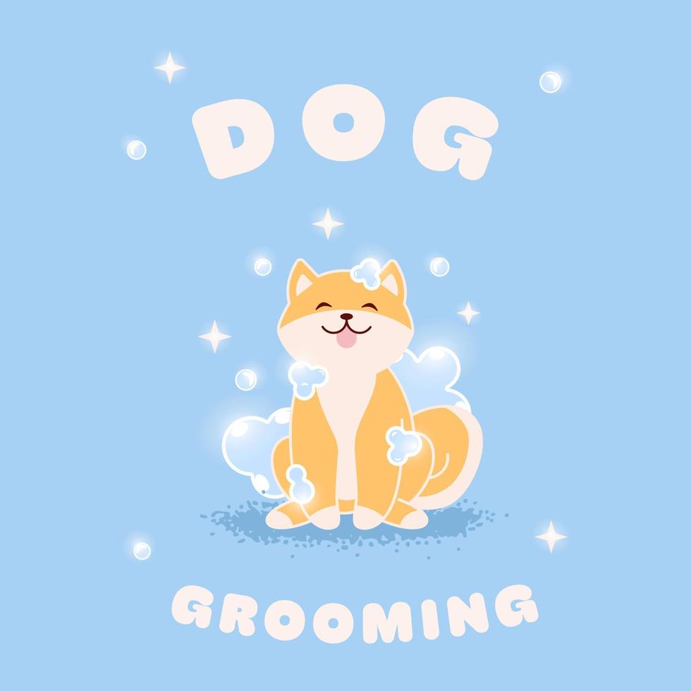 ilustración de un perro. cepillado de perros. divertido kawaii shiba inu. vector