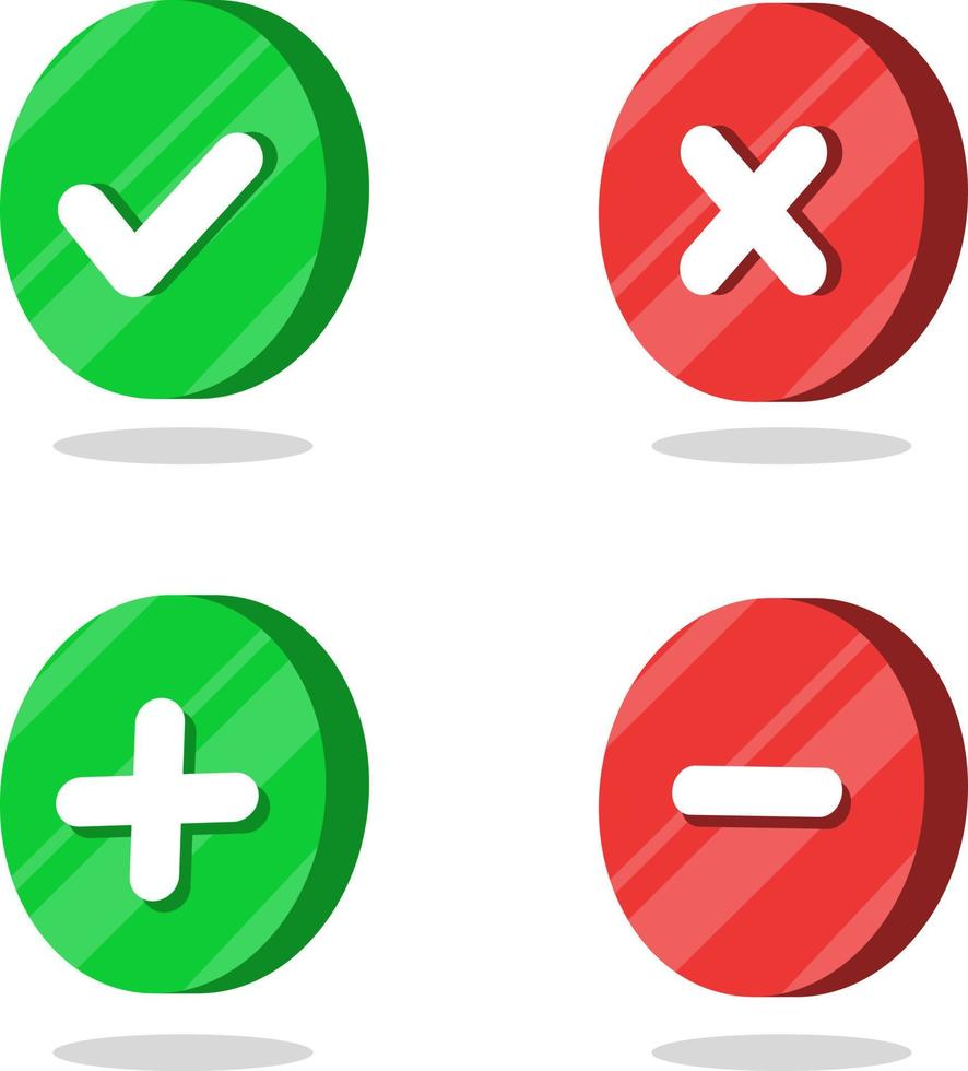 Approve and decline button icons. Yes and no icons. Plus and minus icons. vector