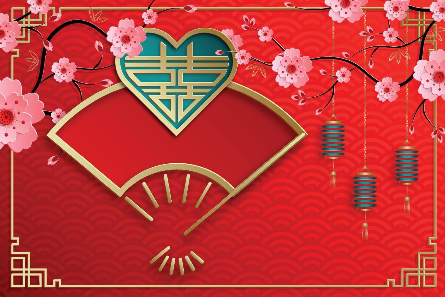 Chinese frame with oriental Asian elements on color background, vector