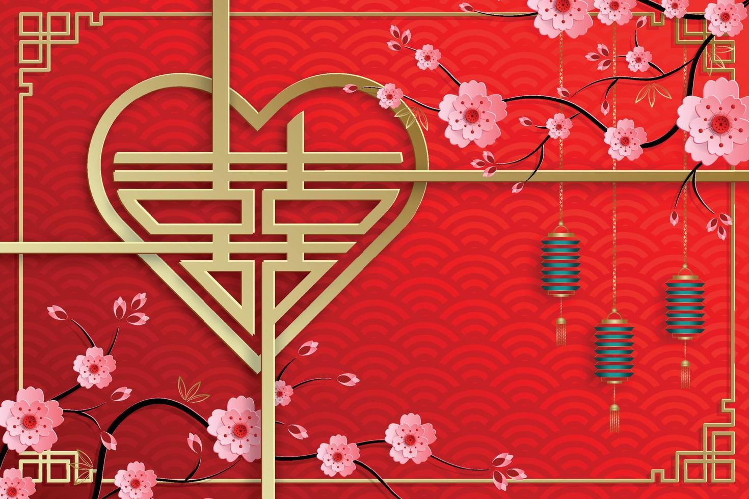 Chinese frame with oriental Asian elements on color background, vector