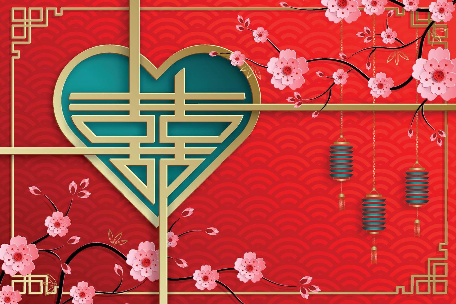 Chinese frame with oriental Asian elements on color background, vector