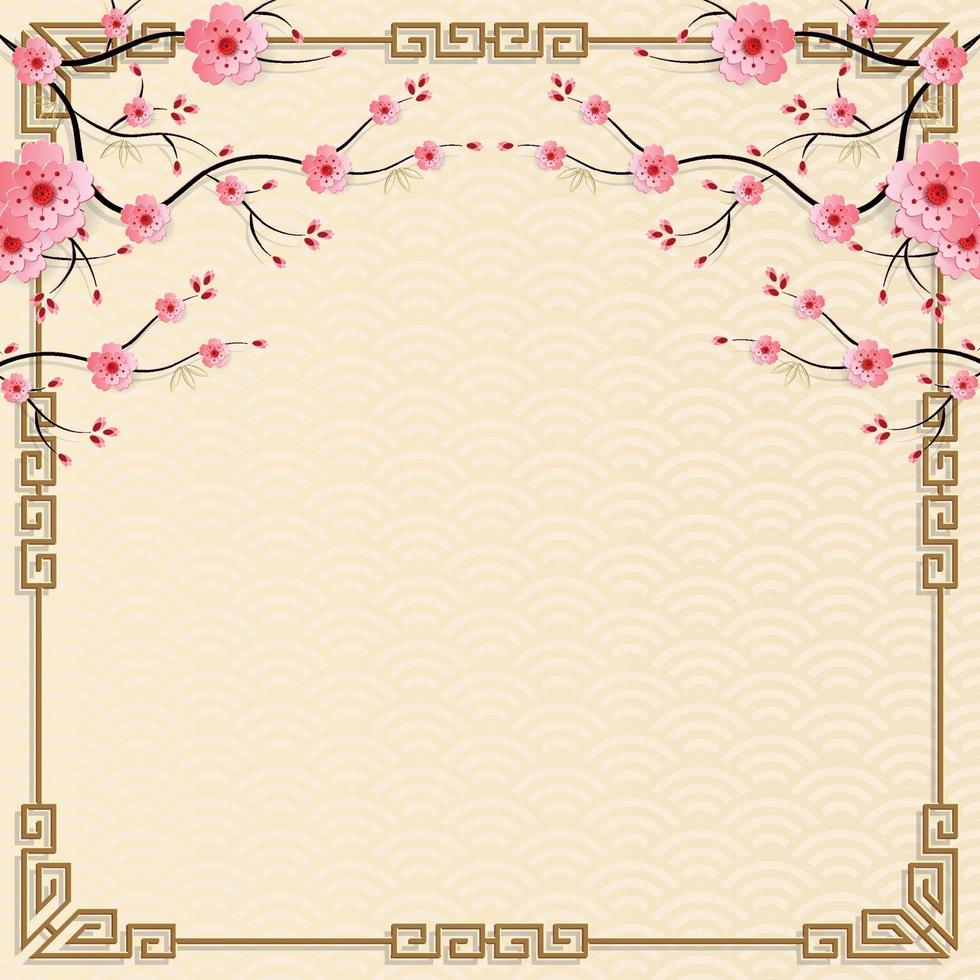 Chinese frame with oriental Asian elements on color background, vector