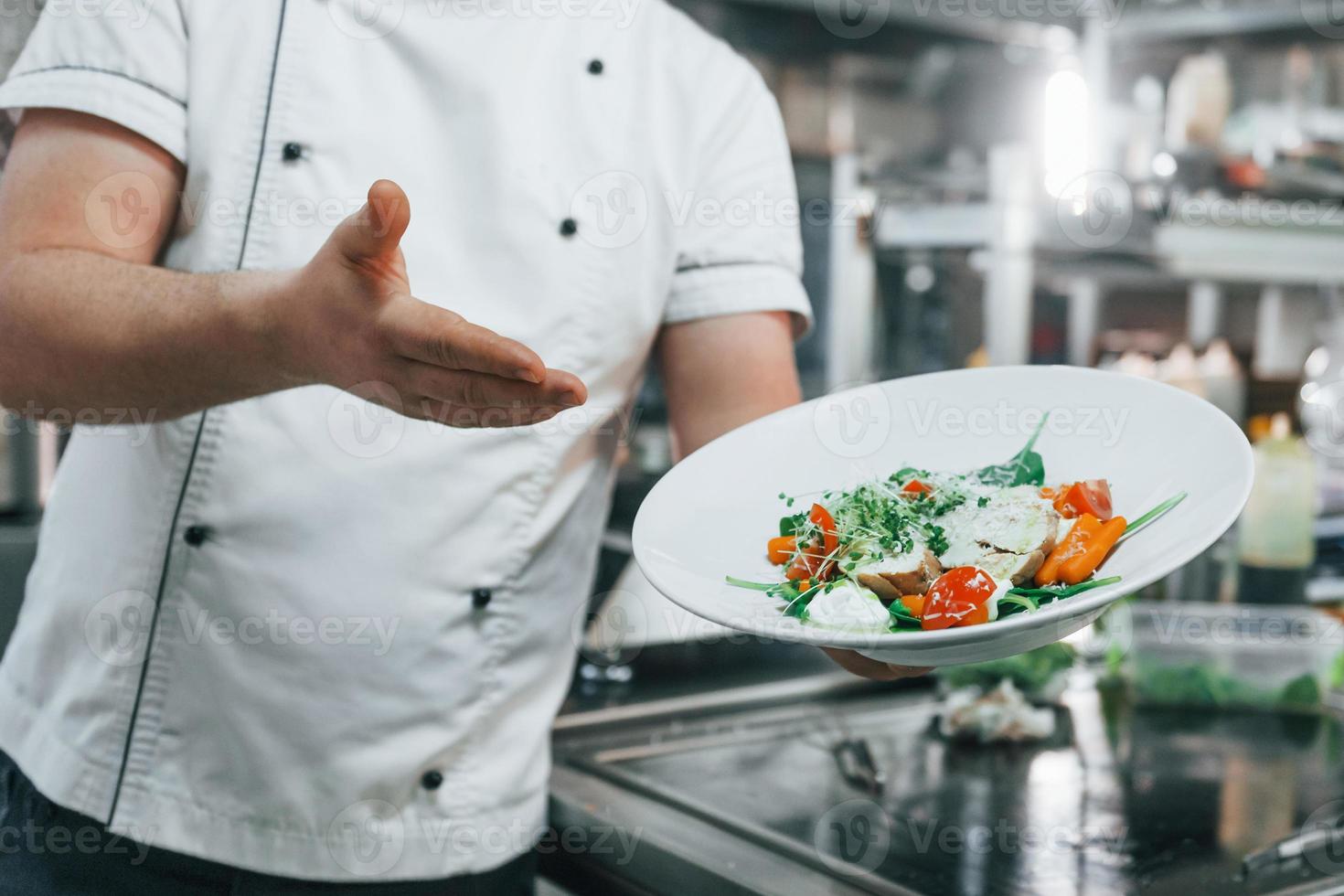 Holding and showing finished salad. Professional chef preparing food in the kitchen photo