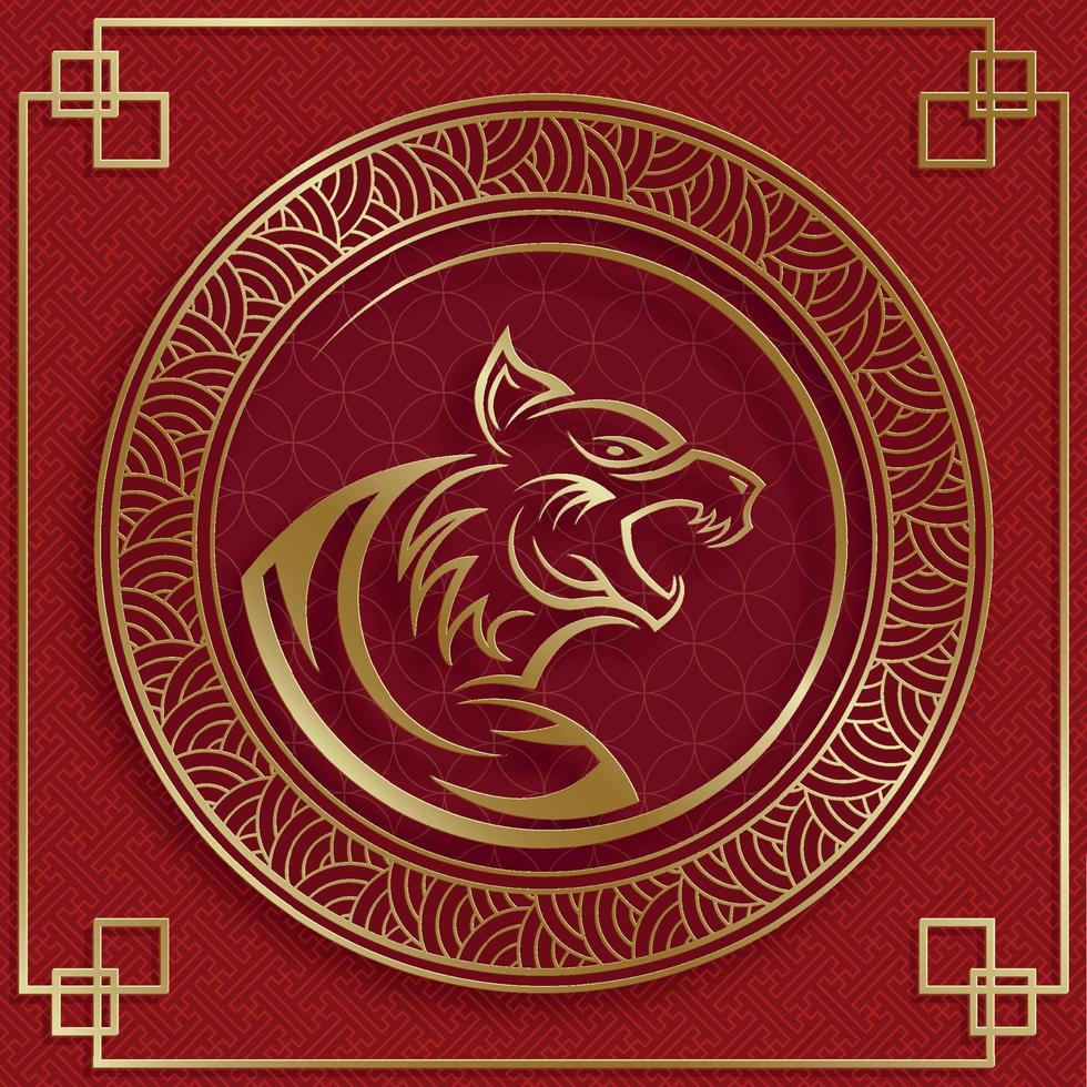 Happy Chinese new year 2022, Tiger Zodiac sign, with gold paper cut art and craft style on color background vector