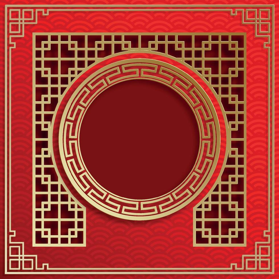 Chinese frame with oriental Asian elements on color background, vector