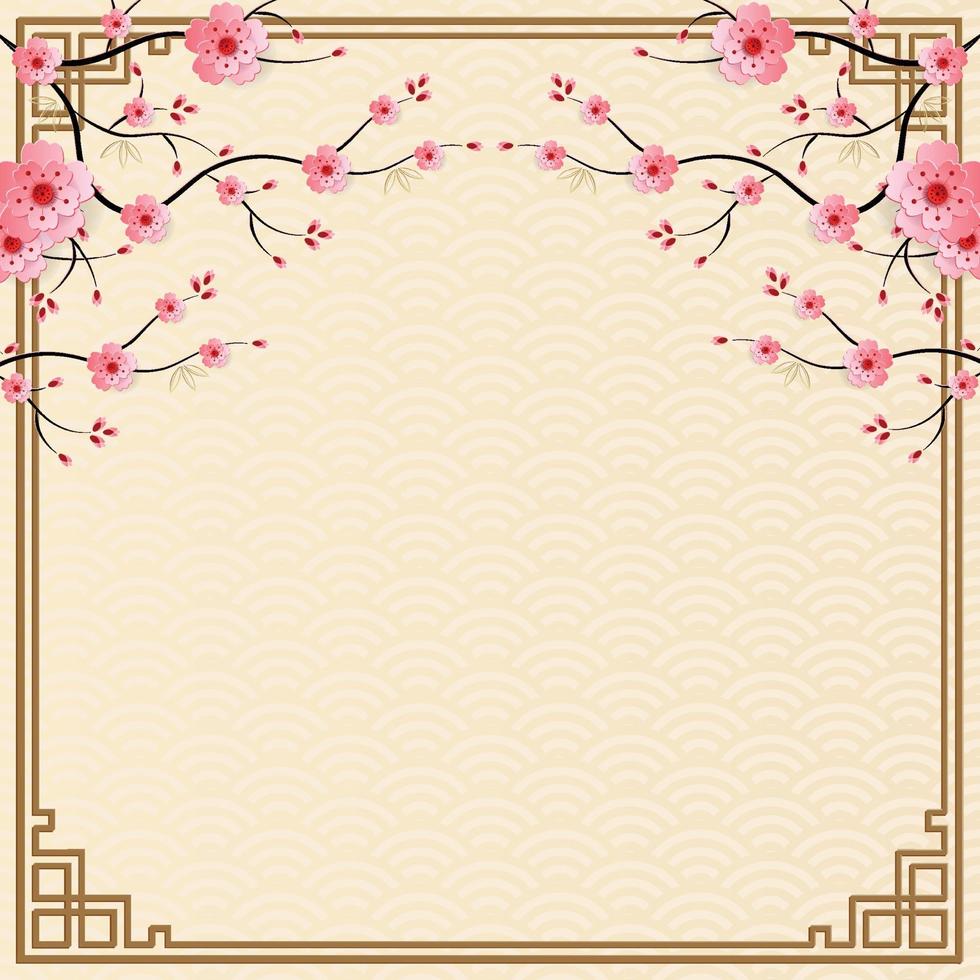 Chinese frame with oriental Asian elements on color background, vector