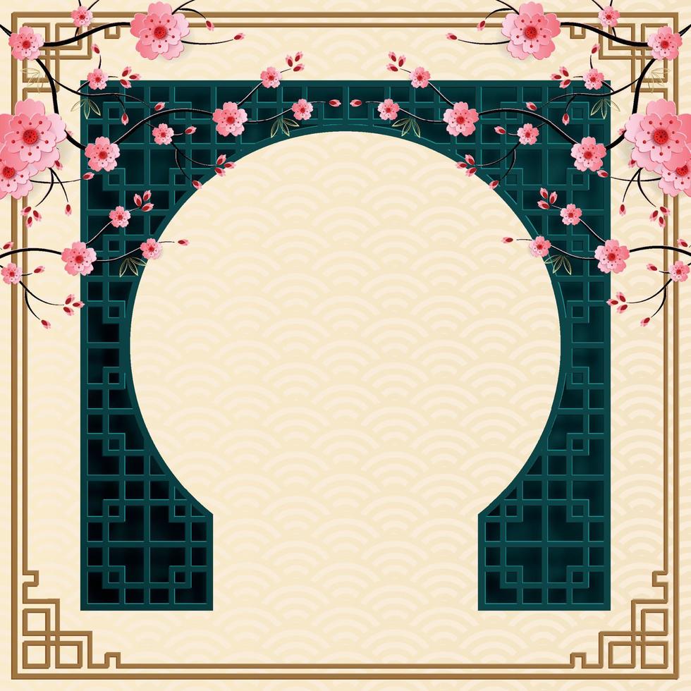 Chinese frame with oriental Asian elements on color background, vector