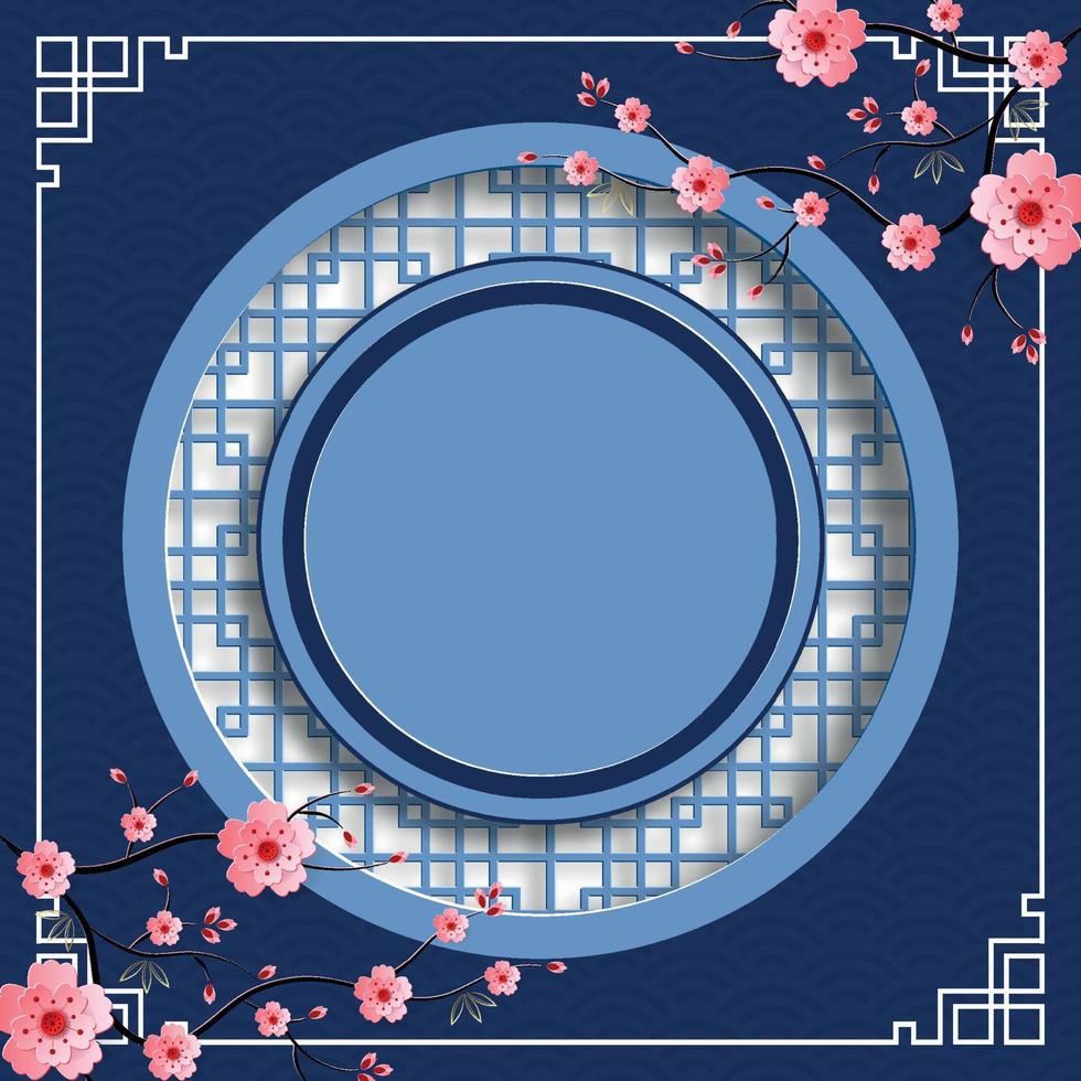 Chinese frame with oriental Asian elements on color background, vector