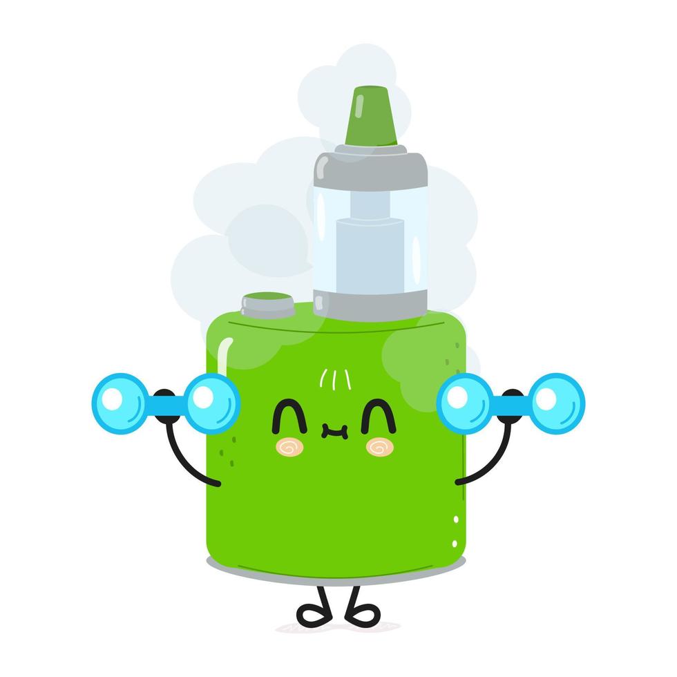 Cute funny vape character with dumbbells. Vector hand drawn cartoon kawaii character illustration icon. Isolated on white background. Vape character gym concept