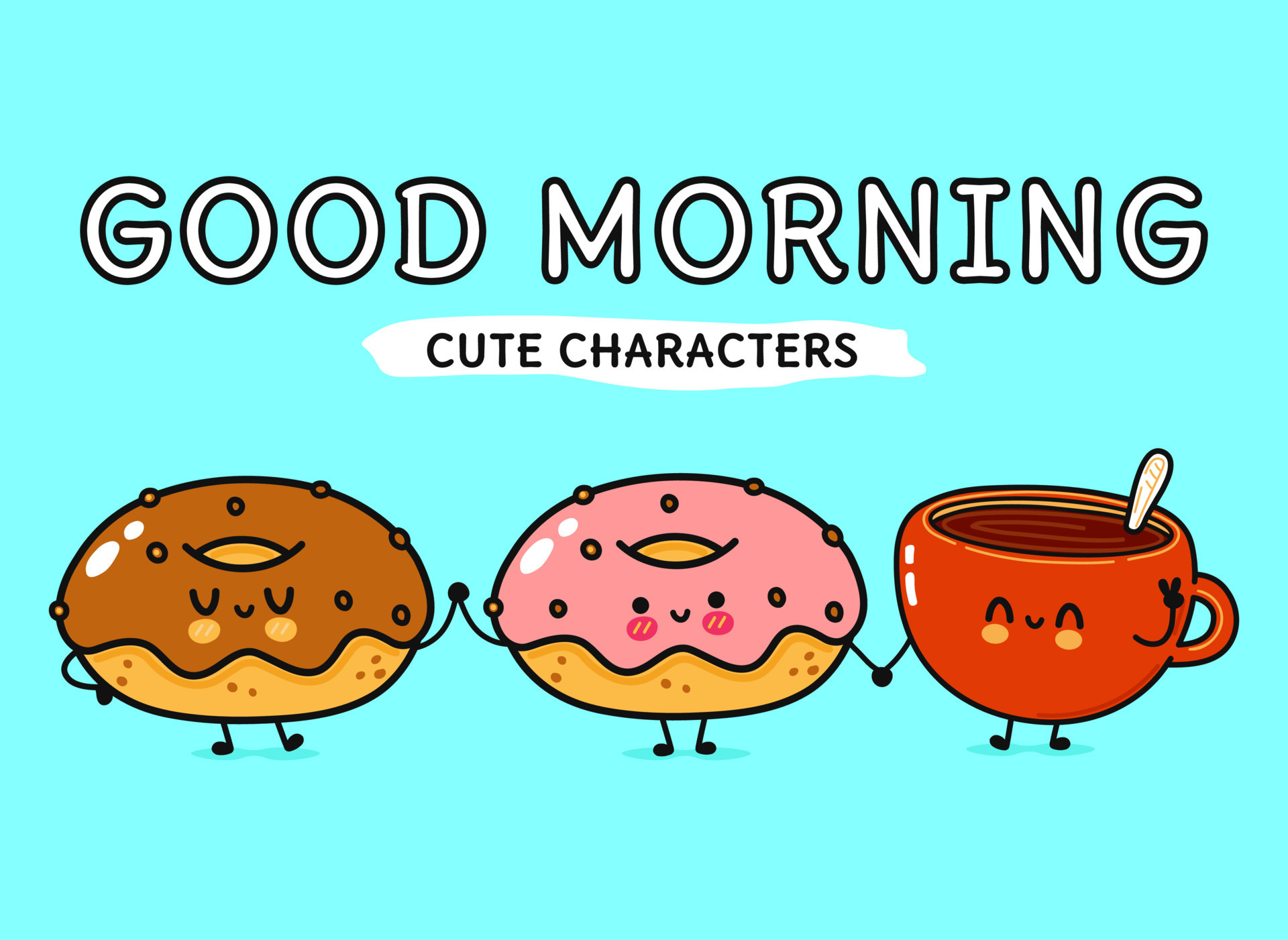 Cute, funny happy cup of coffee and donuts character. Vector hand drawn  cartoon kawaii characters, illustration icon. Funny cartoon cup of coffee  and donuts friends concept 8363229 Vector Art at Vecteezy