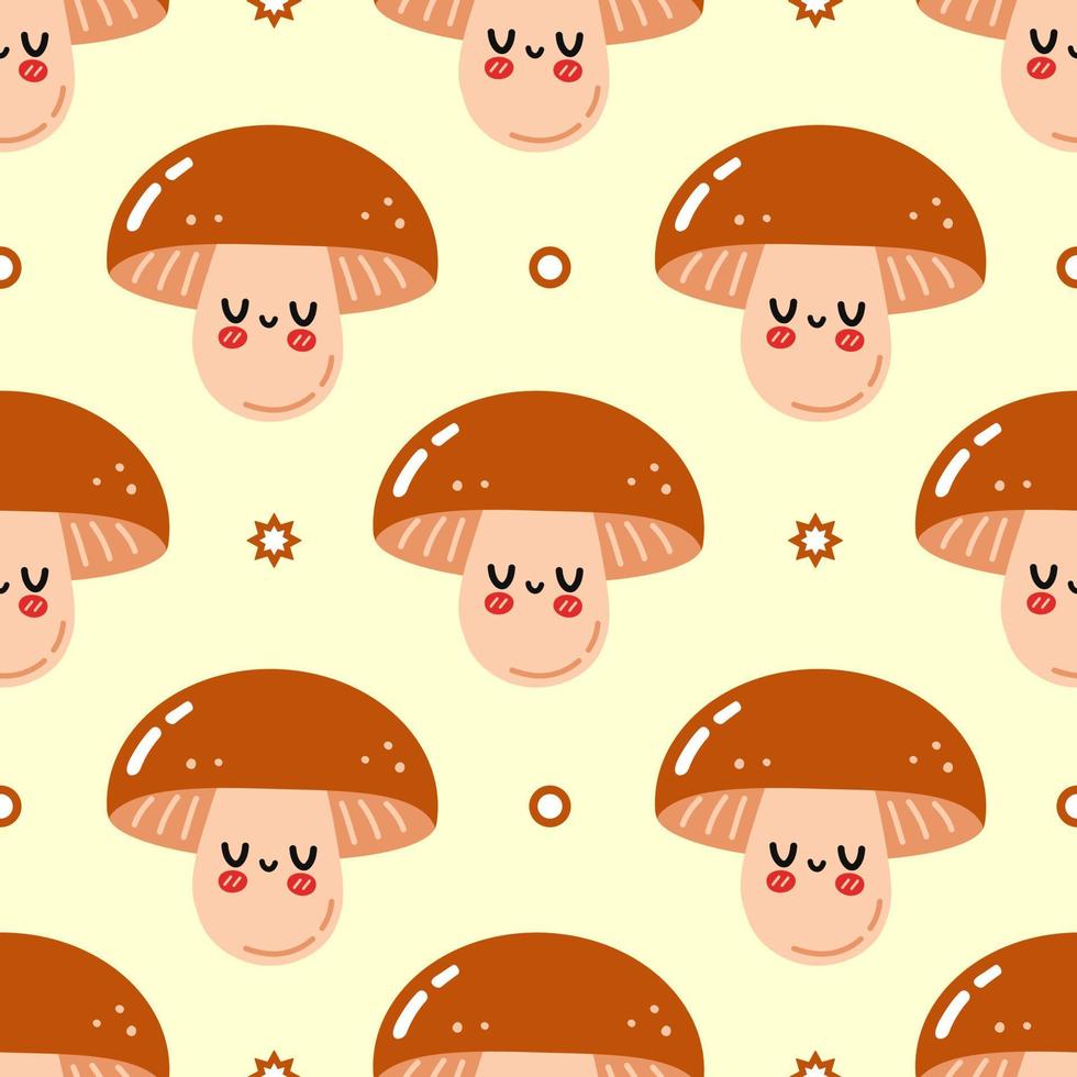 Funny cute happy mushroom seamless pattern characters. Vector kawaii line cartoon style illustration. Cute mushroom pattern