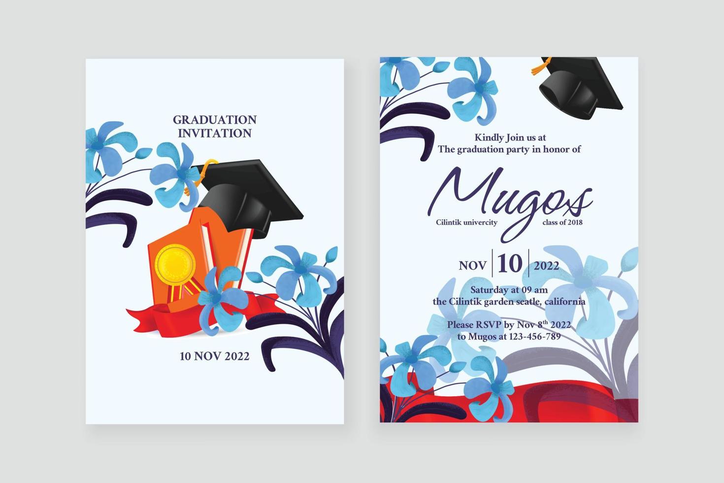 Floral and school tools watercolor ornament graduation invitation with double side vector
