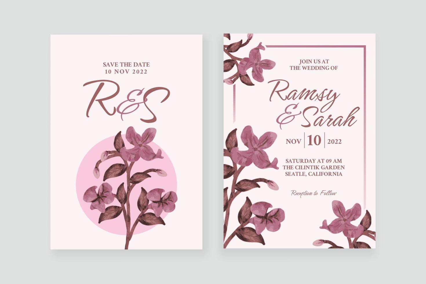 Floral watercolor ornament wedding invitation with double side vector