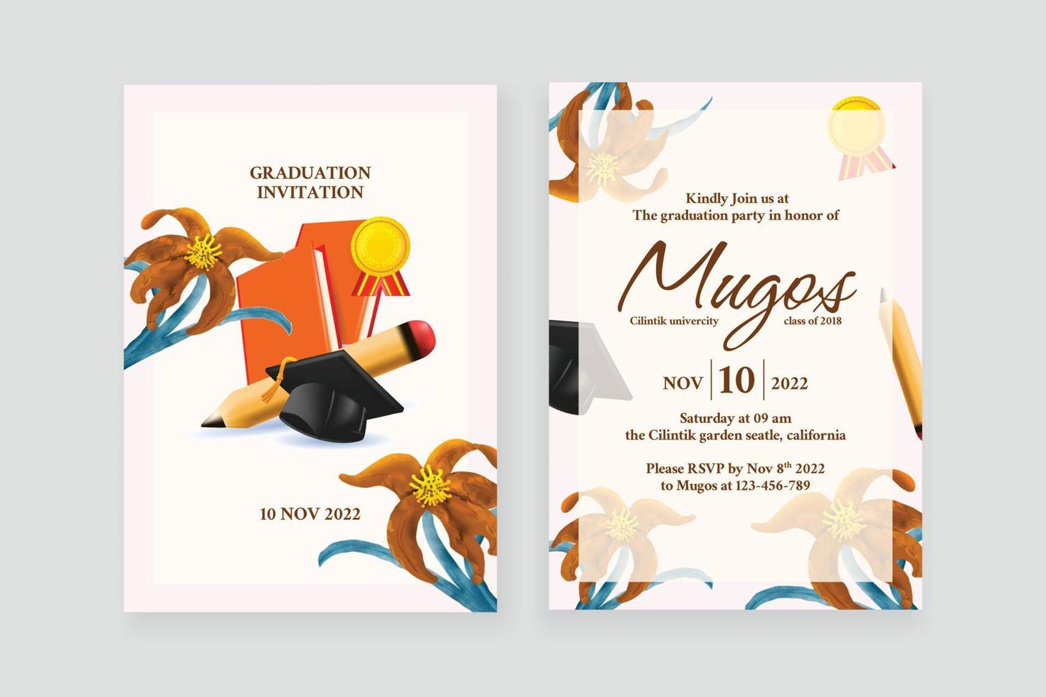 invitación de graduación de adorno de acuarela de herramientas florales y escolares con doble cara vector