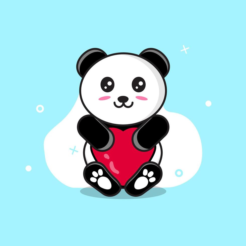 lindo panda abrazando una ilustración de icono de vector de corazón de amor