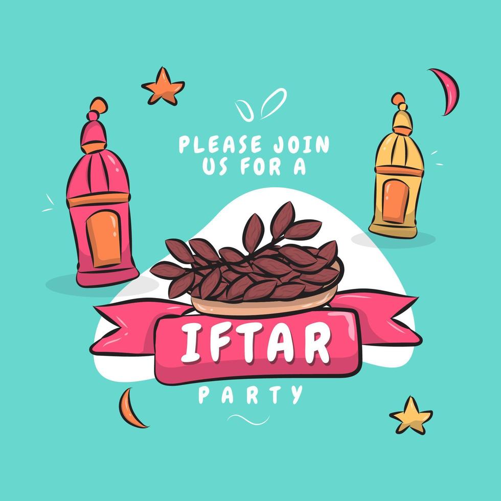 diseño de invitación ramadan kareem iftar dibujado a mano con palmera datilera y fondo verde joven. vector