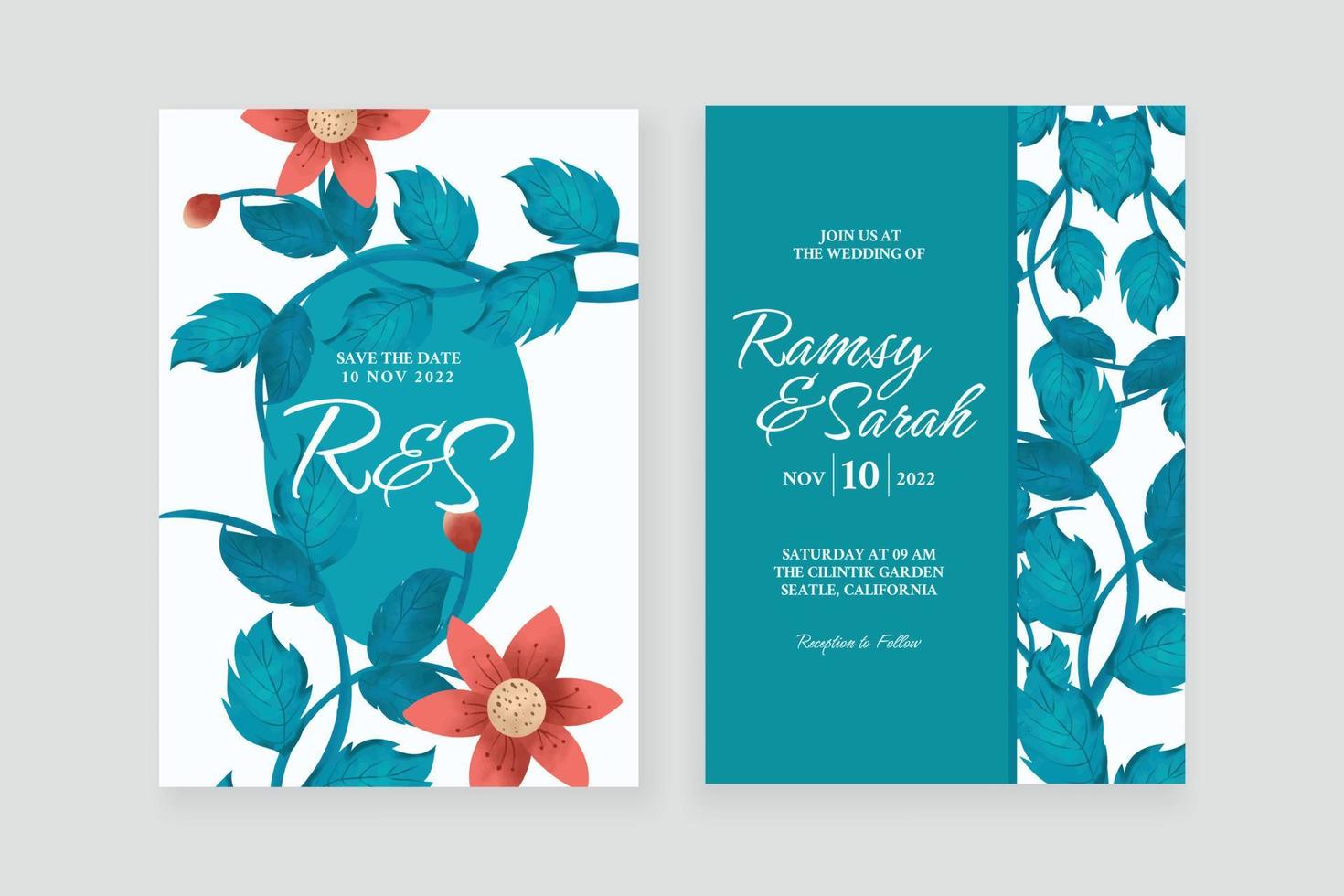 Floral watercolor ornament wedding invitation with double side vector