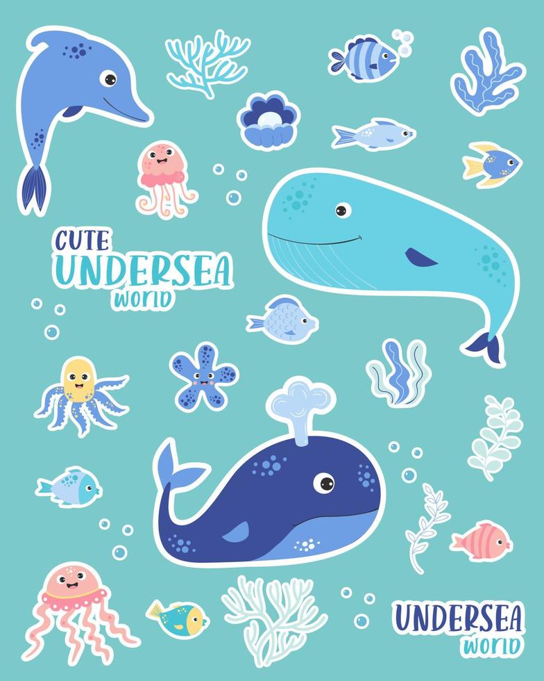 Stickers Cute sea animals, blue whale and dolphin, fish and jellyfish, starfish and octopus, seaweed and pearl. Vector illustration. Isolated elements. Underwater world collection for design