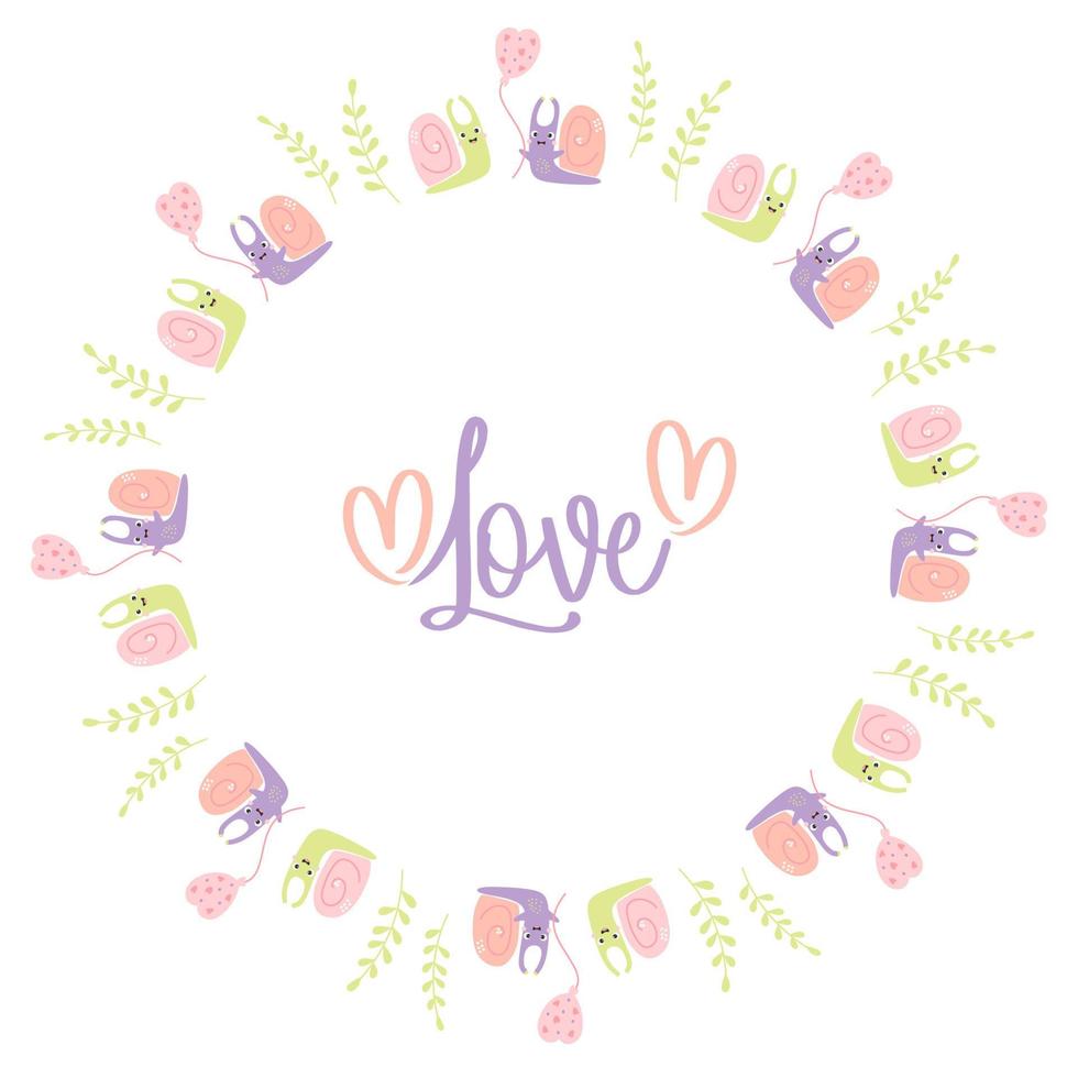 Round frame with cute pair of snails in love and slogan - Love. Vector illustration. Valentine postcard, napkin, round card, for print, decor and design.