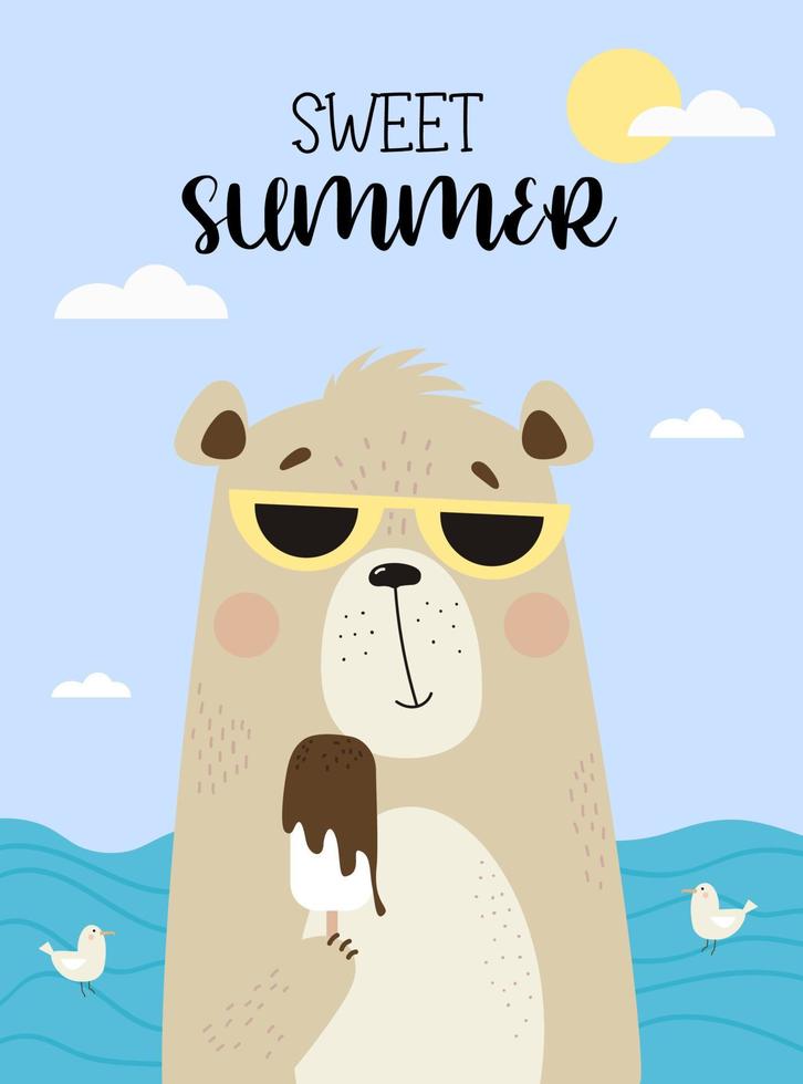 Cute bear at sea in sunglasses eating ice cream. Vector illustration. Poster - sweet summer with animals for kids collection, postcards, design, print, decoration for bedroom and nursery rooms