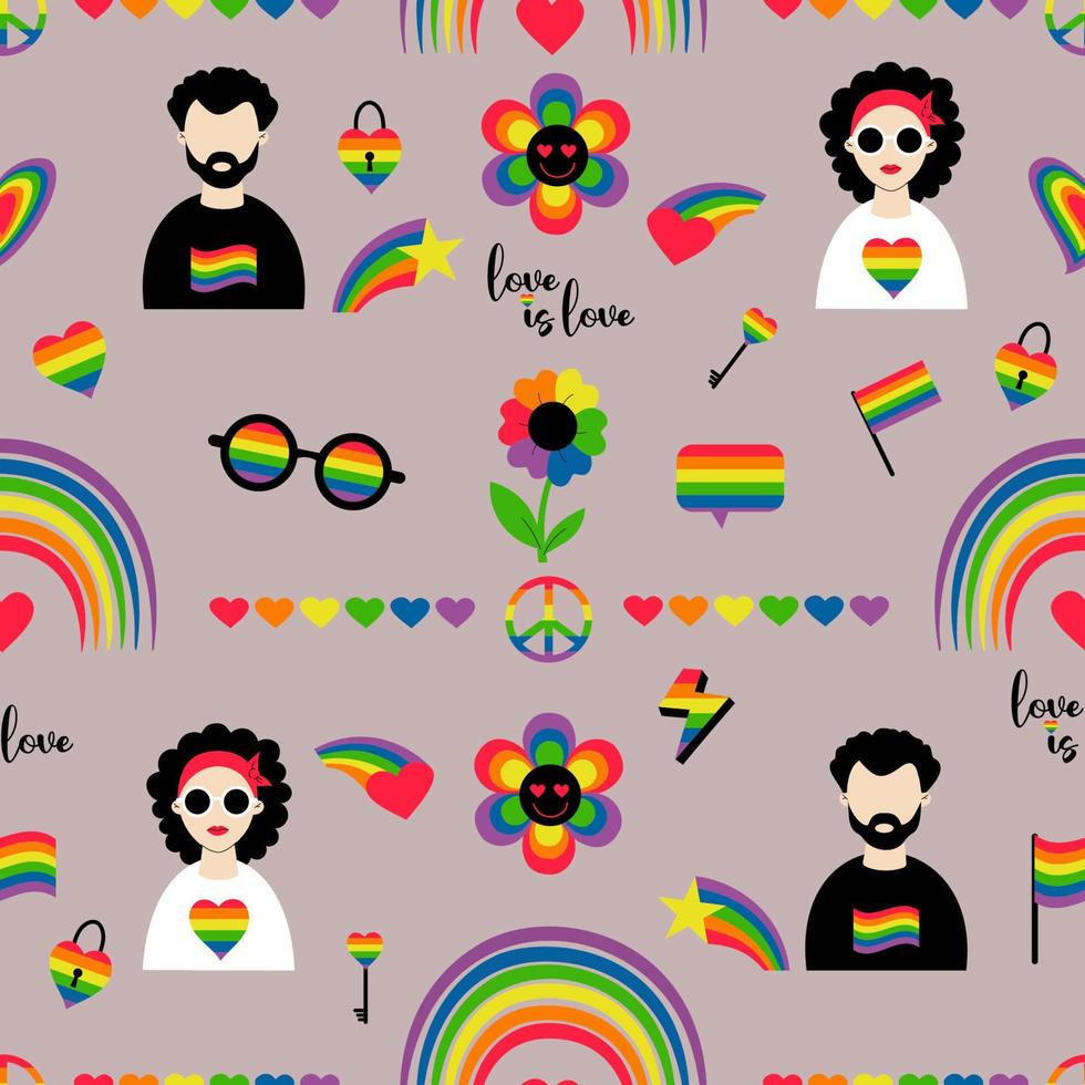 Seamless pattern LGBT. LGBT community, lesbian girl and gay man, pride flag, retro rainbow, love element, LGBT pride month symbol on gray background. Vector illustration