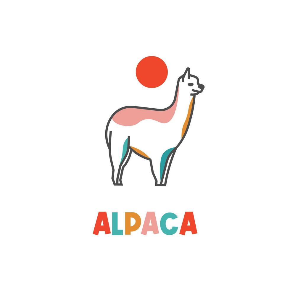 Alpaca line art illustration logo and abstract shapes with cheerful colors vector