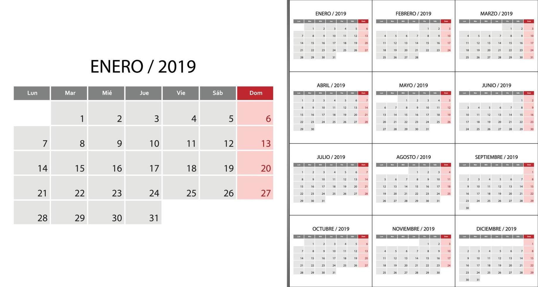 Calendar 2019 week start on Monday vector