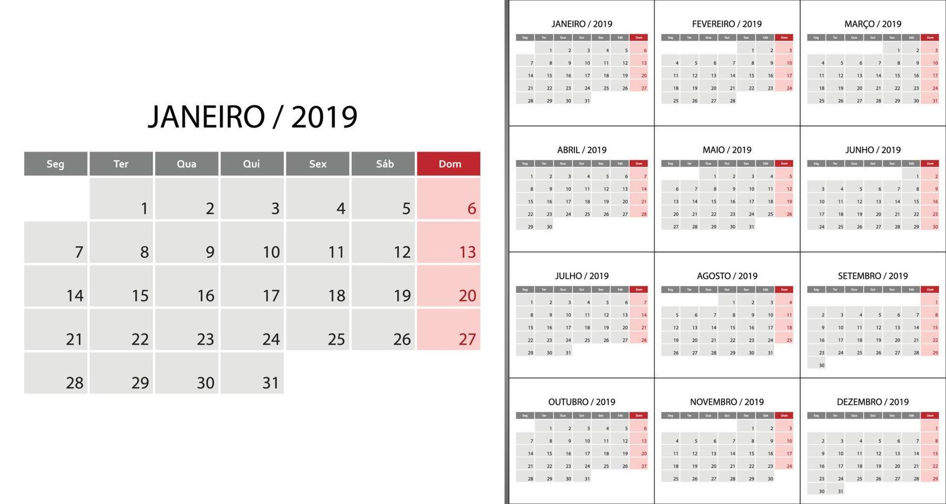 calendario 2019 semana inicio el lunes vector