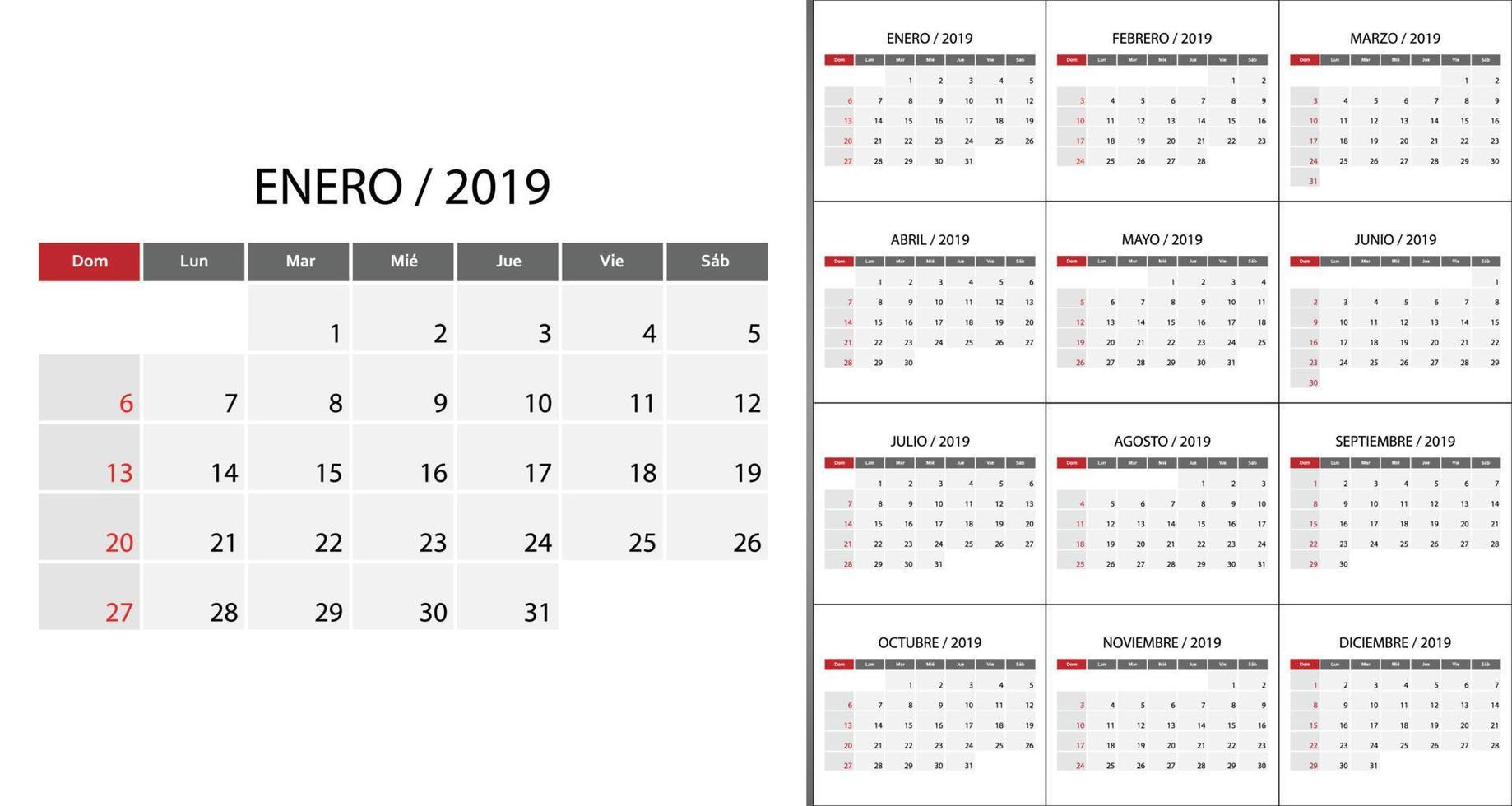 calendario 2019 semana comienza el domingo. vector