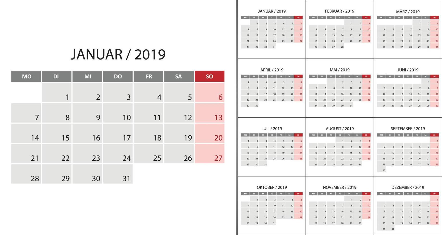 calendario 2019 semana inicio el lunes vector