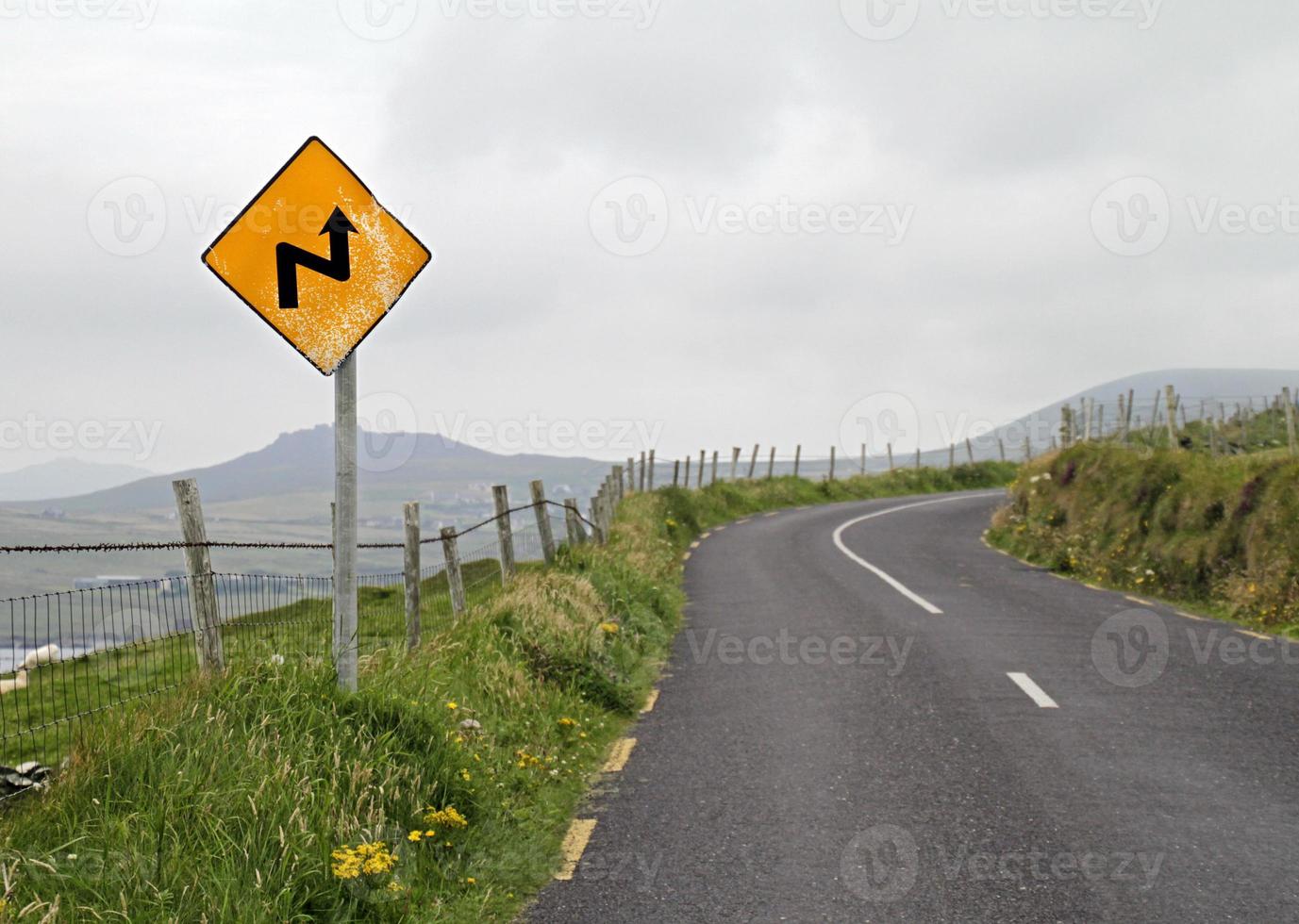 Yellow warning sign in front of a curve photo