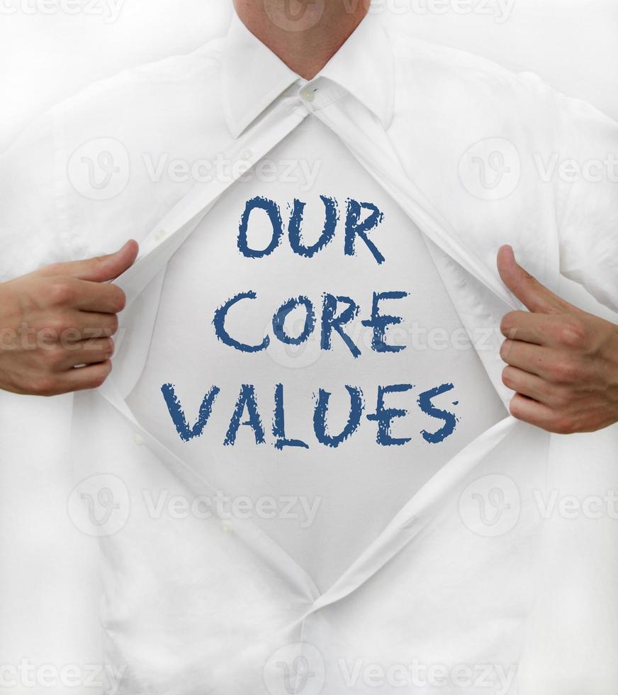 Man opens shirt to reveal text saying Our Core Values photo