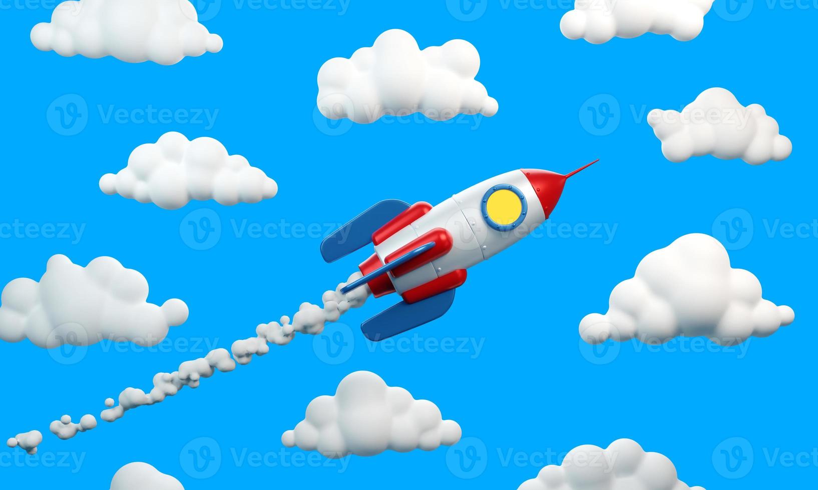 Rocket with jet smoke flies among the clouds photo