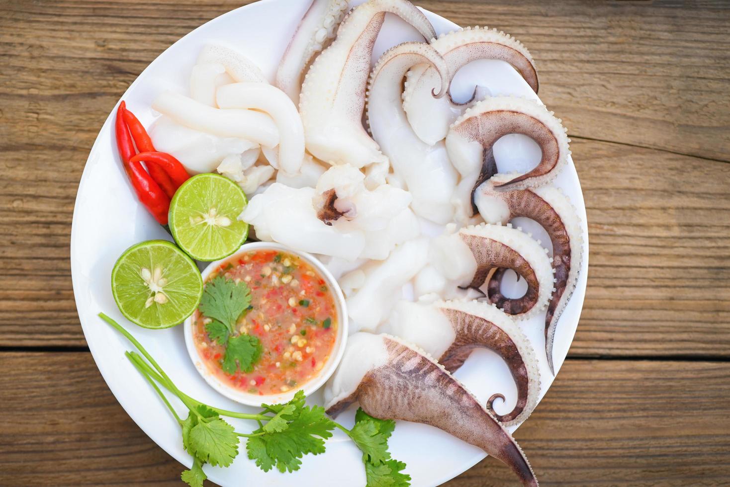seafood plate squid food on white plate, Fresh squid cooked boiled