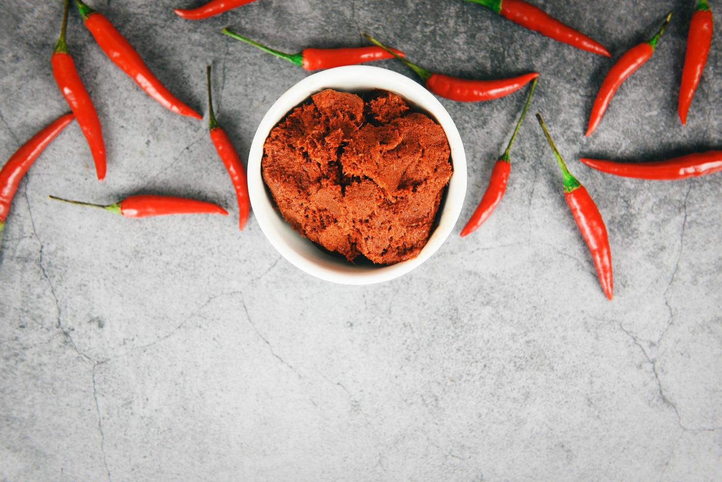 Ingredients asian food spicy spices in thailand - Curry paste and red chilli peppers background , top view photo