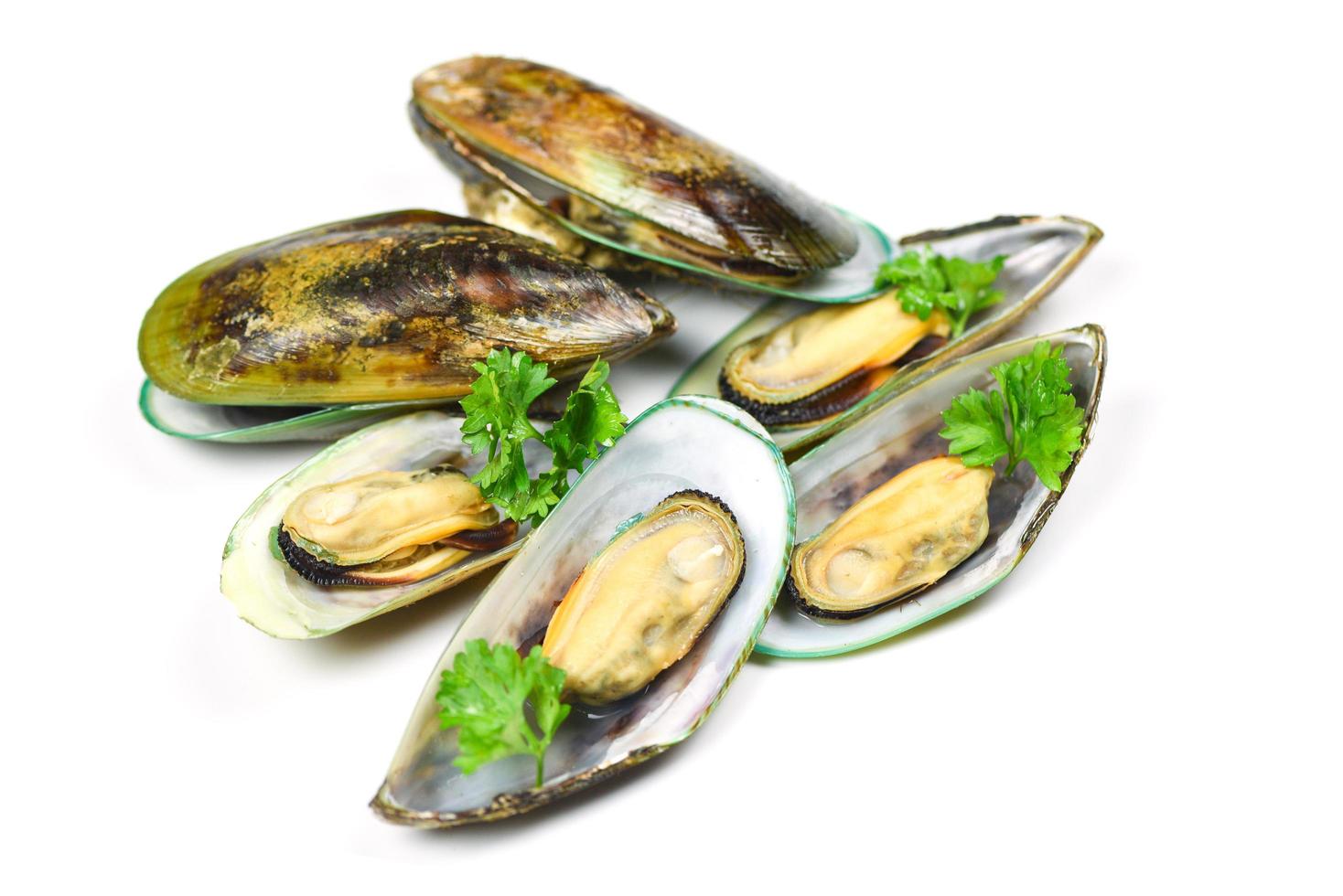 Mussels isolated on white background - Green mussel shell with parsley photo