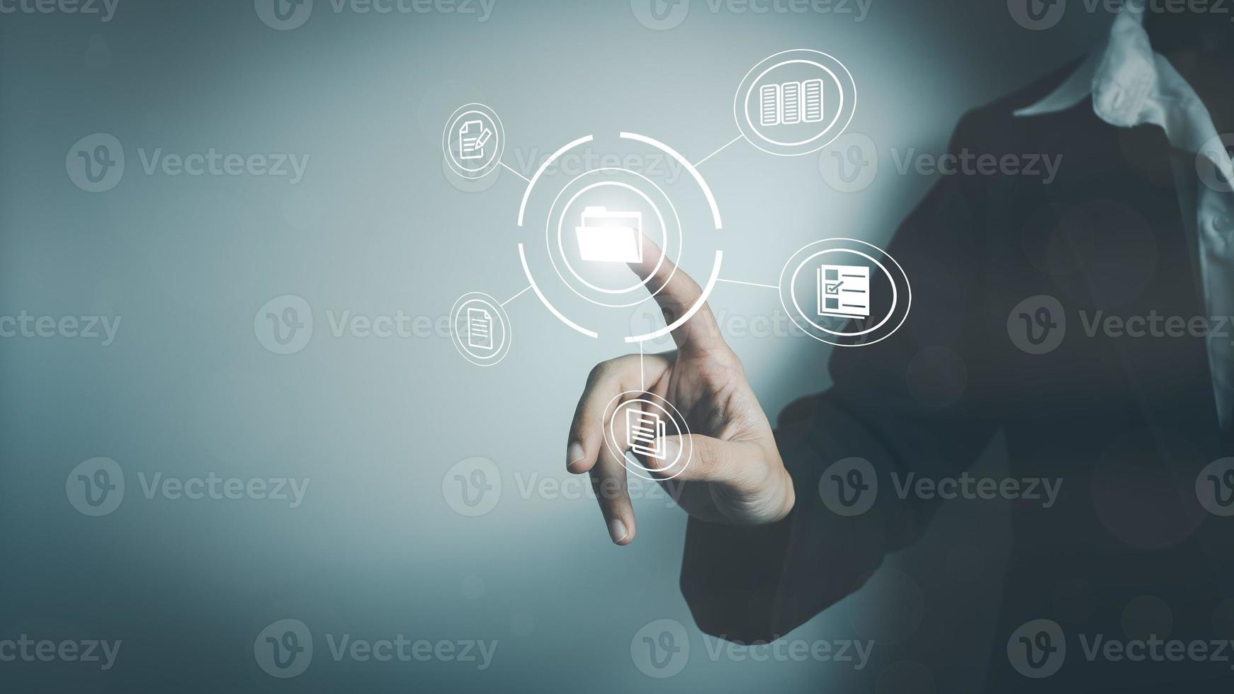 Business woman use finger touch screen folder manage file,online data management,Document Management System DMS,access to document file with security,structure design document,ERP enterprise photo