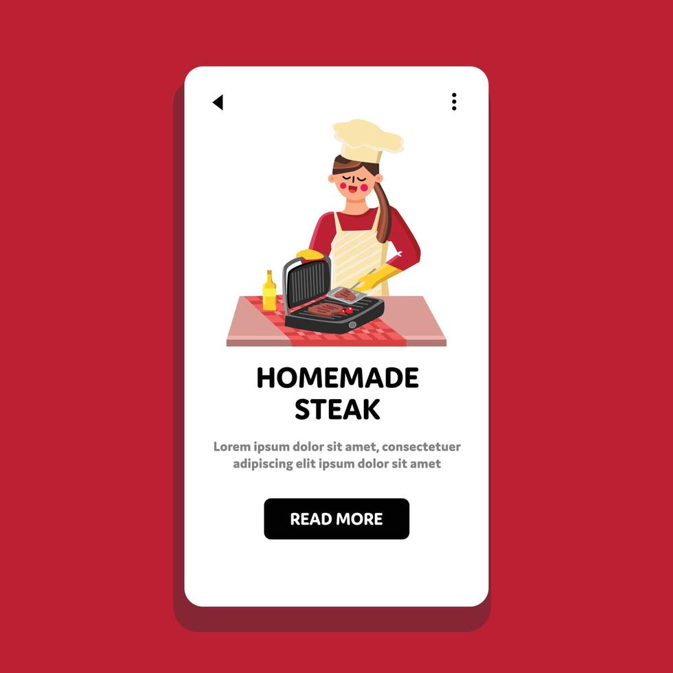 Homemade Steak Cooking Girl Chef On Grill Vector