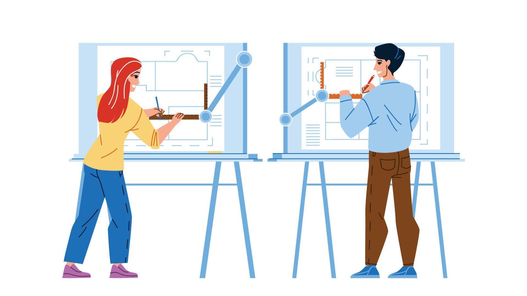 Architect Man And Woman Drawing On Board Vector