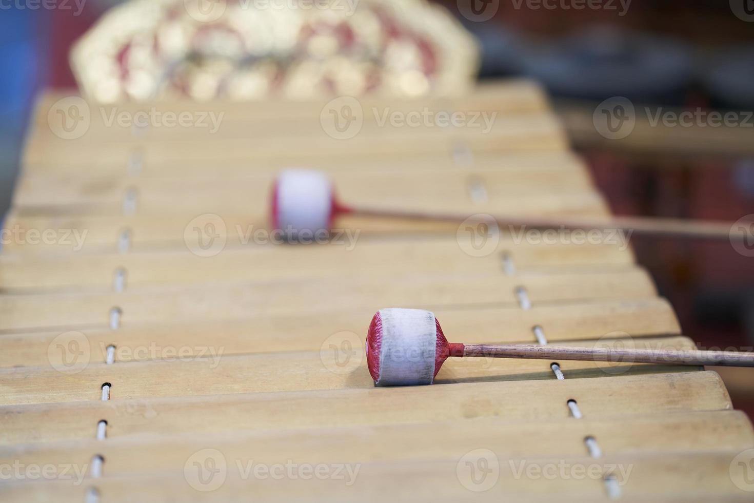 Close up of Thai old music instrument vintage classical wooden xylophone photo