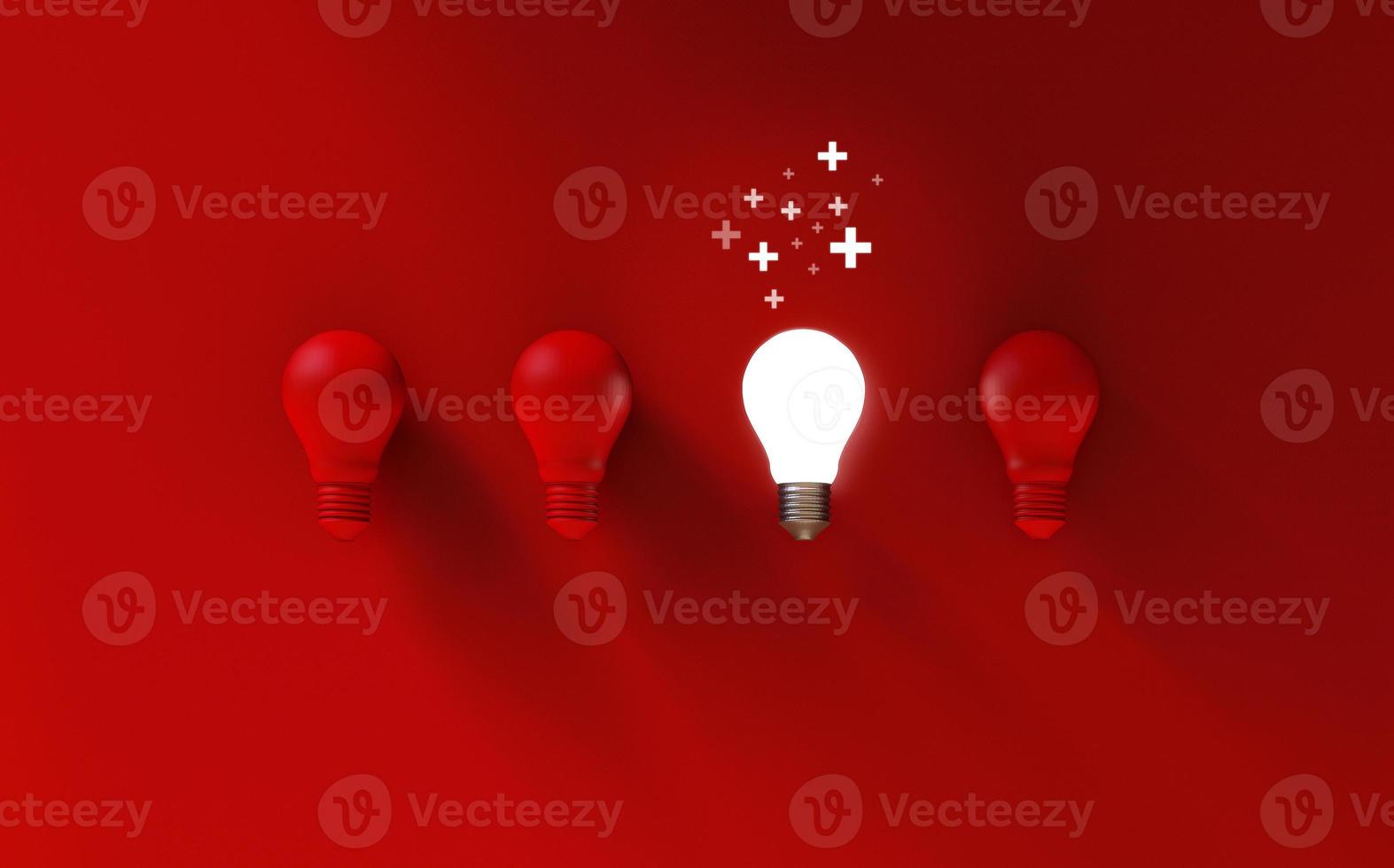 Light bulbs on red background. Positive idea thinking concept. 3D Illustration. photo