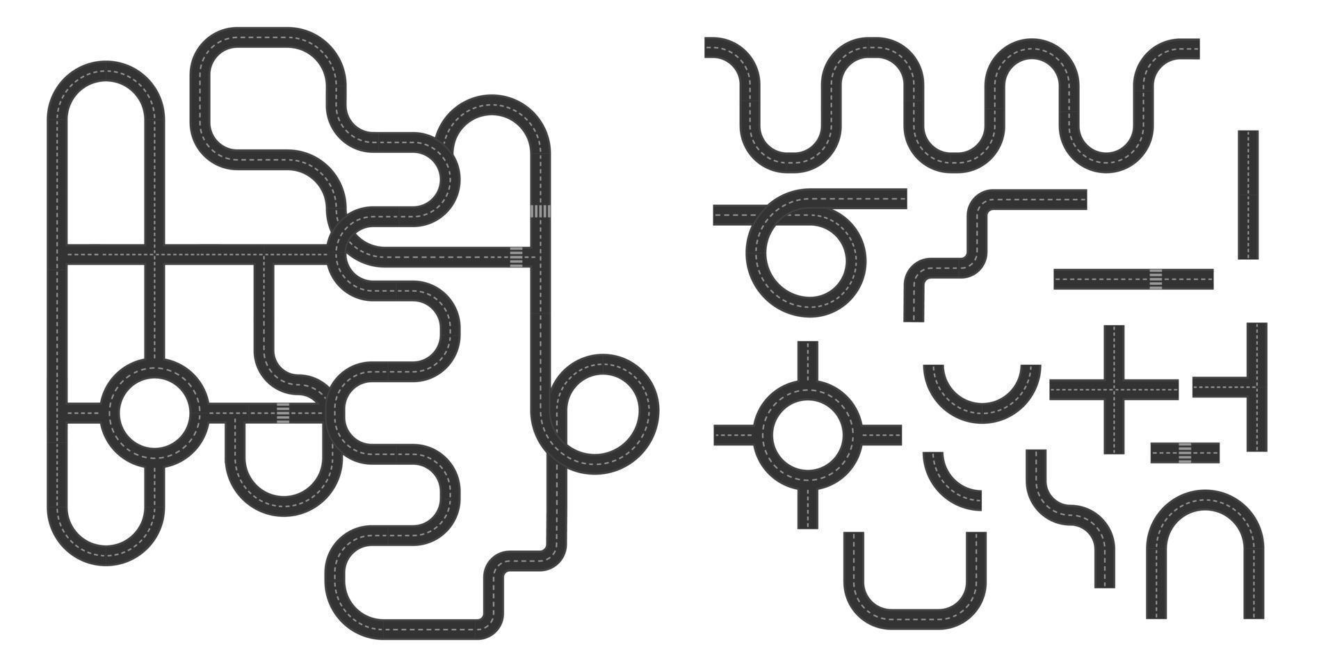 Street and road with crossroads and footpaths. Vector elements for city map. Create your own roadmap. isolated asphalt part paves road streets.