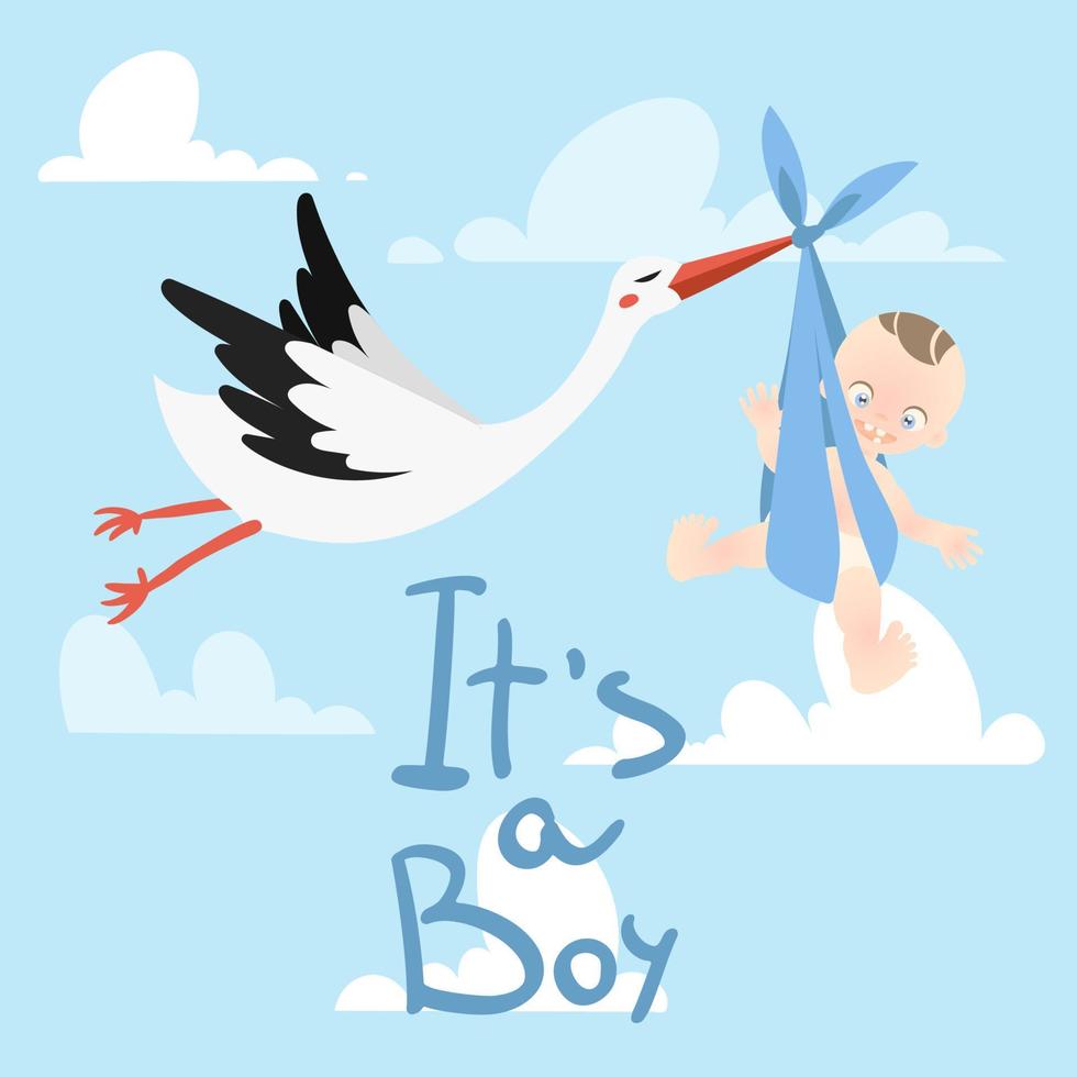 Stork carrying a cute baby its a boy in the sky with clouds vector illustration.