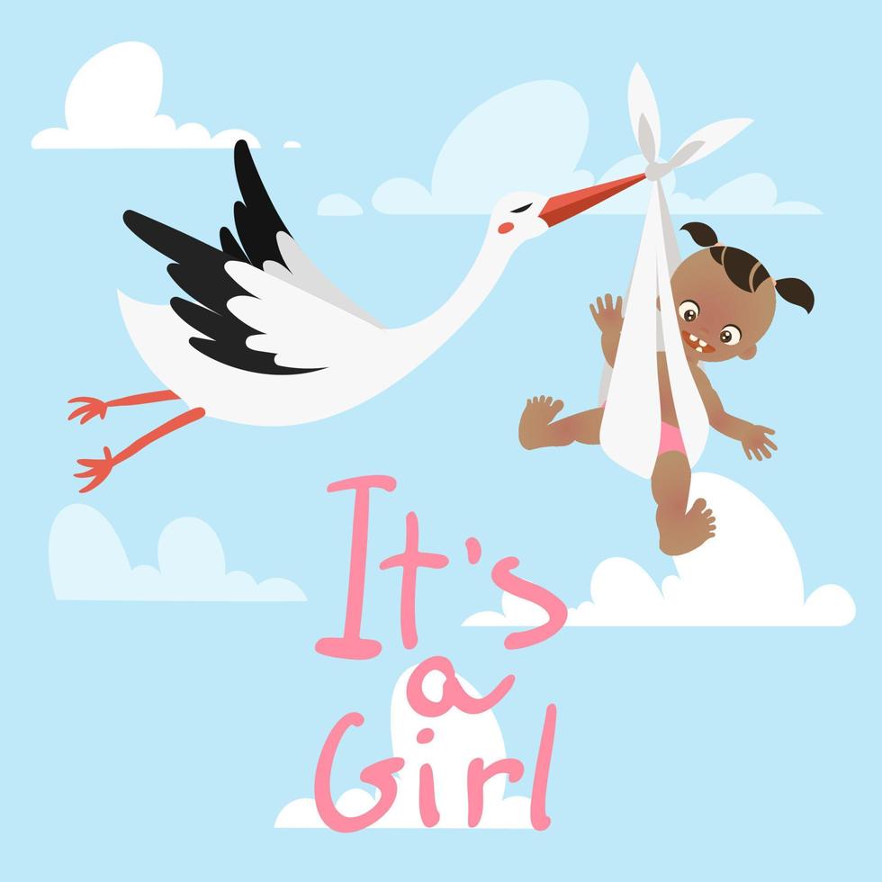 Stork carrying a cute baby its a girl in the sky with clouds vector illustration.