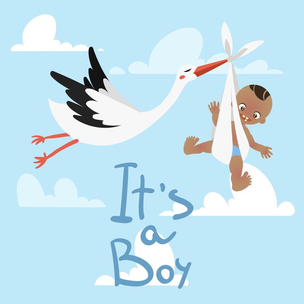 Stork carrying a cute baby its a boy in the sky with clouds vector illustration.