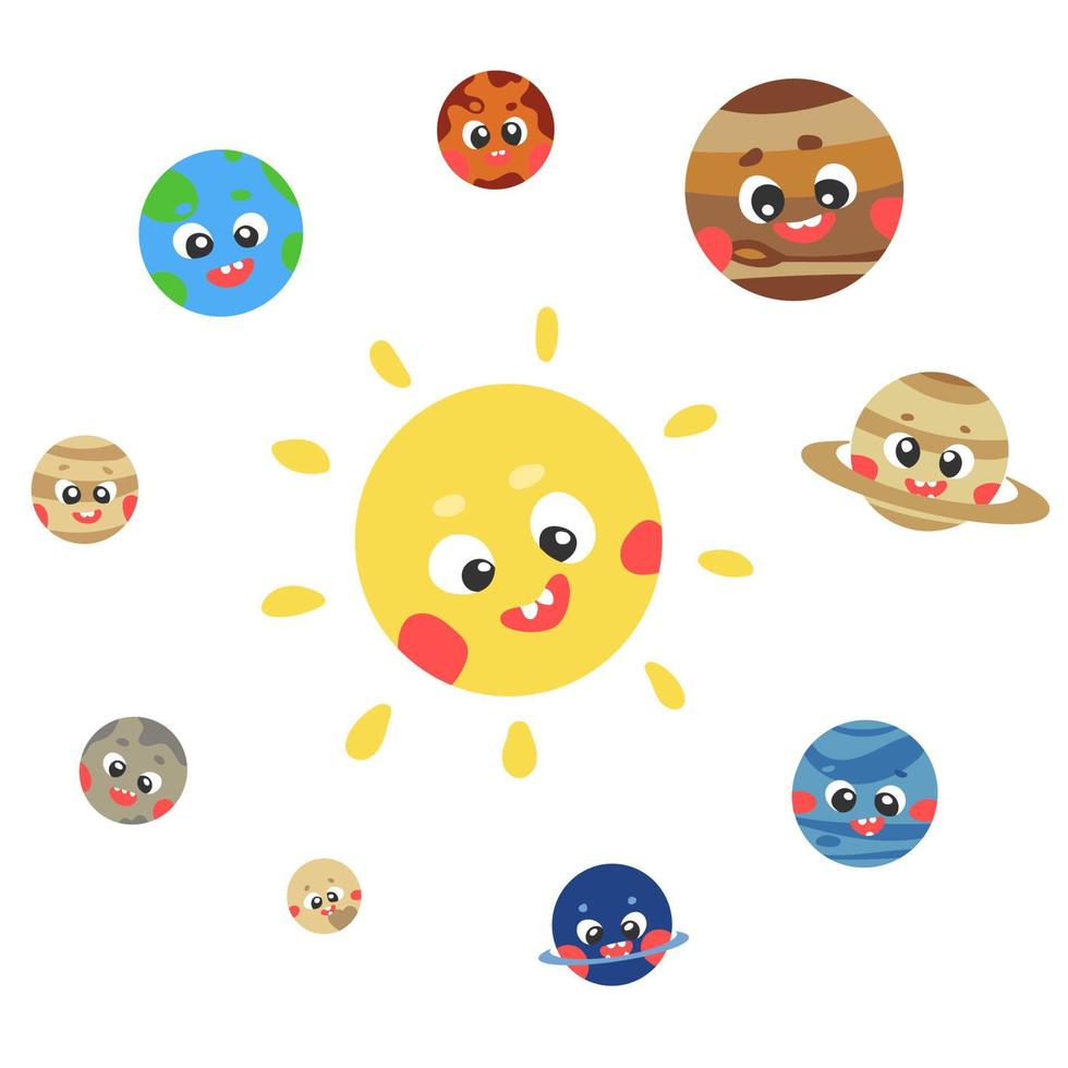 Solar system for kids. Cute sun and planets characters in cartoon style on  dark space background. Vector illustration for kindergarten and school  science education 2143607 Vector Art at Vecteezy