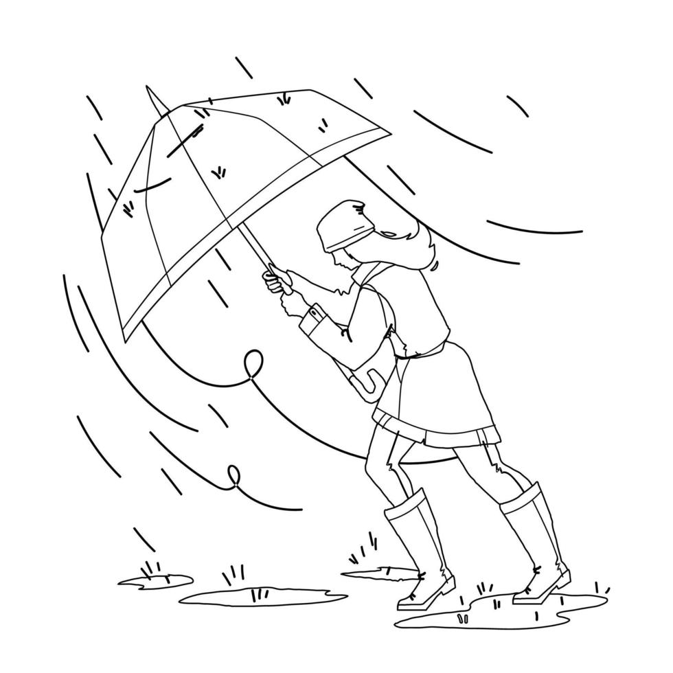 Weather Rain Day Walking Girl With Umbrella Vector
