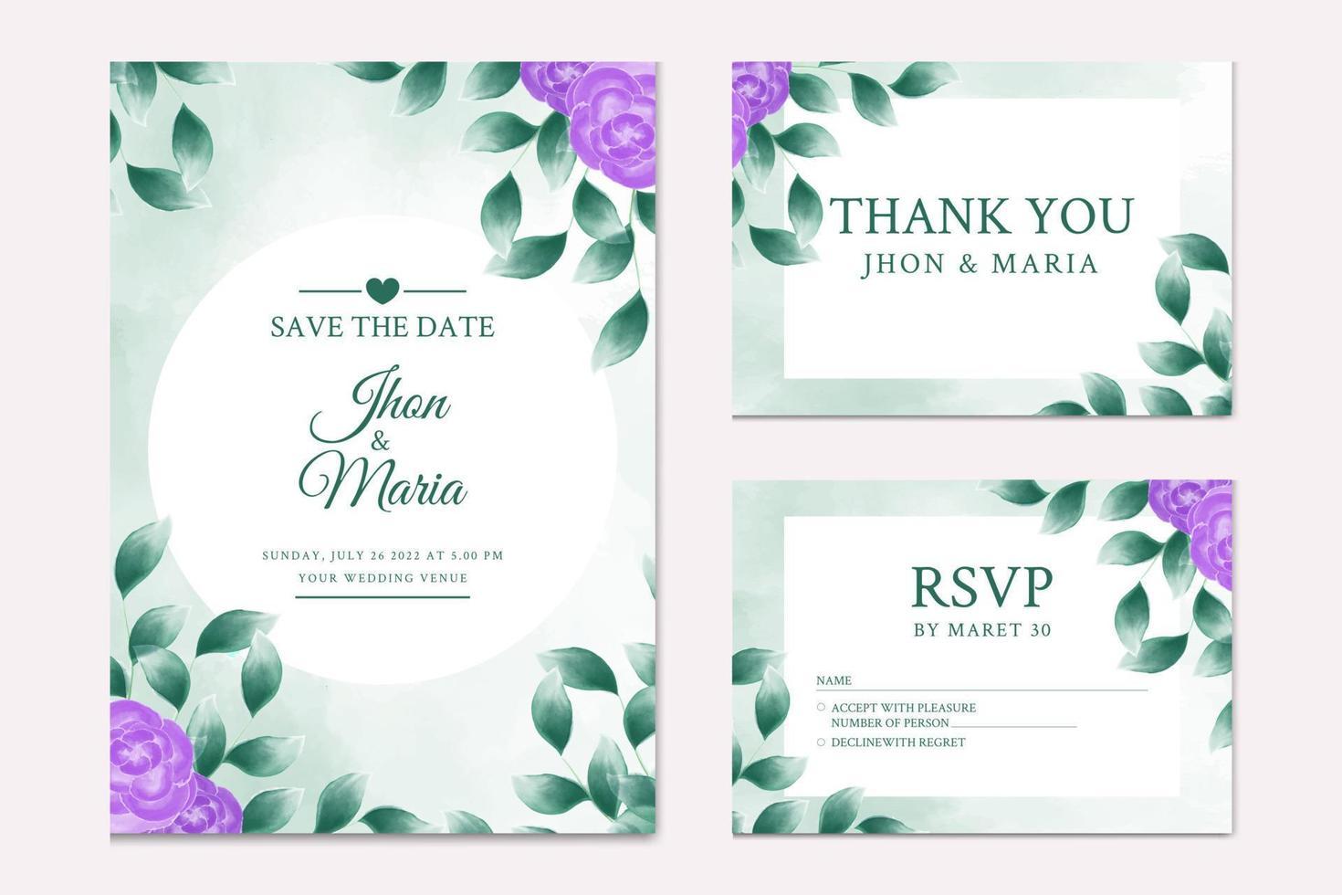 hermosa plantilla de tarjeta de invitación de boda de color de agua floral de hojas verdes vector